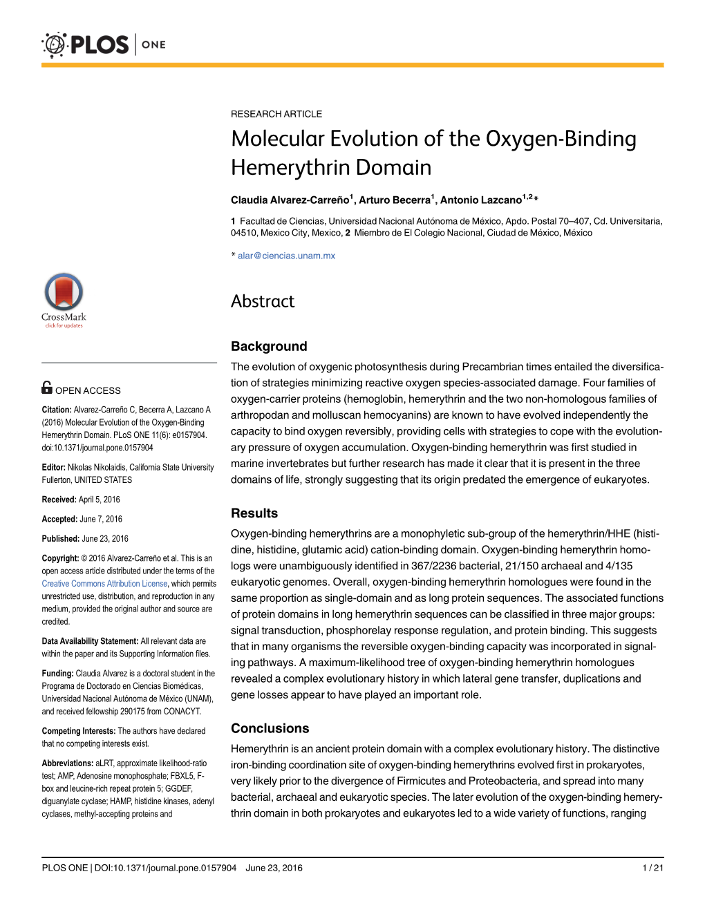 Molecular Evolution of the Oxygen-Binding Hemerythrin Domain