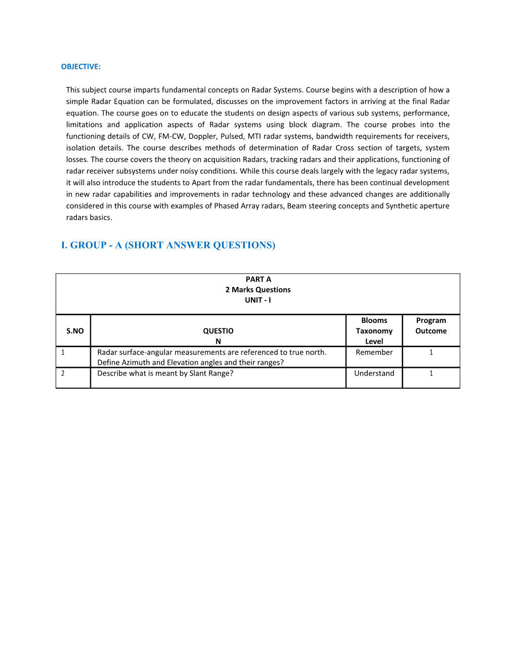 I. Group - a (Short Answer Questions)