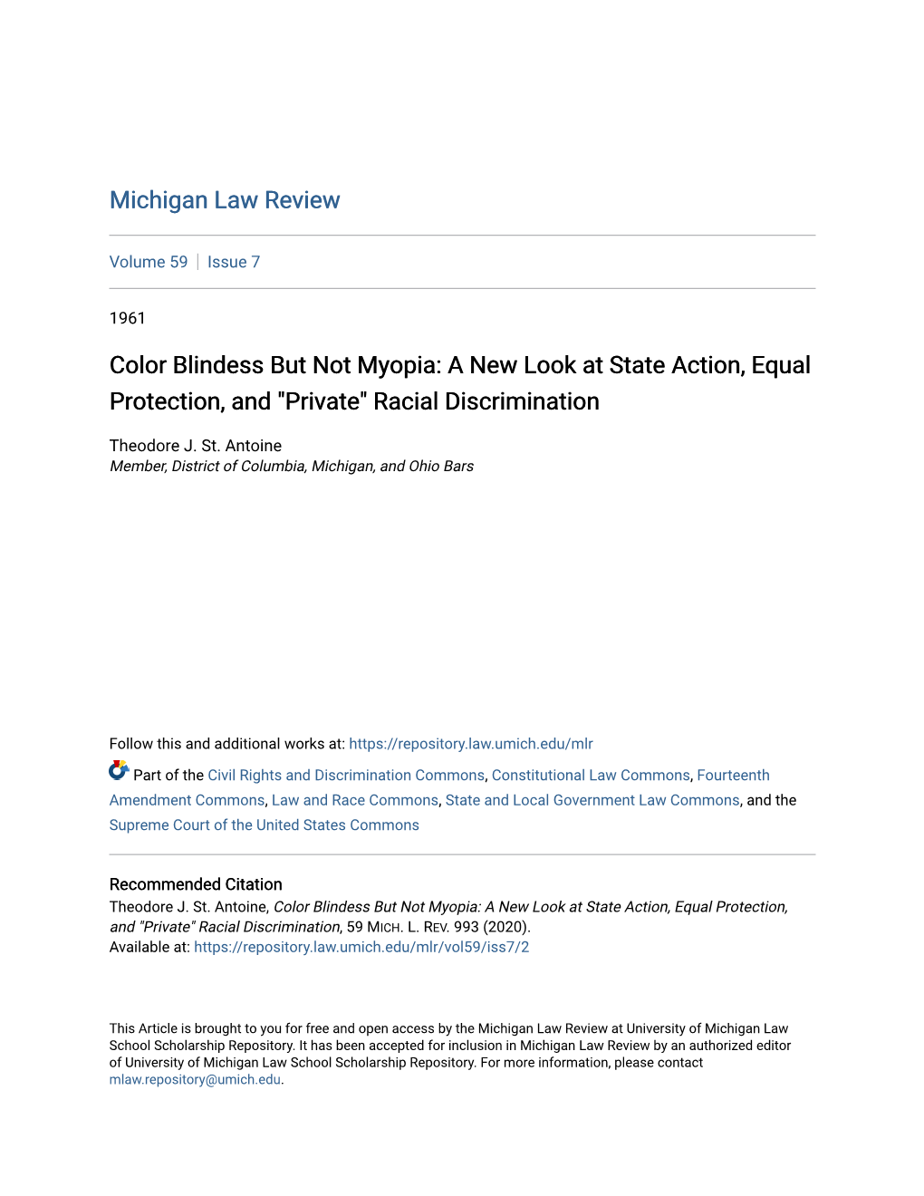 Color Blindess but Not Myopia: a New Look at State Action, Equal Protection, and 