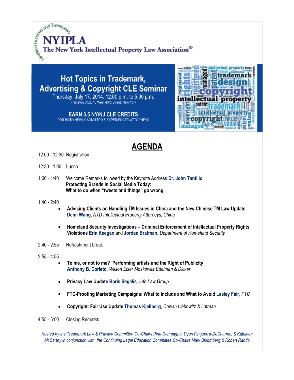 Hot Topics in Trademark, Advertising & Copyright CLE Seminar AGENDA