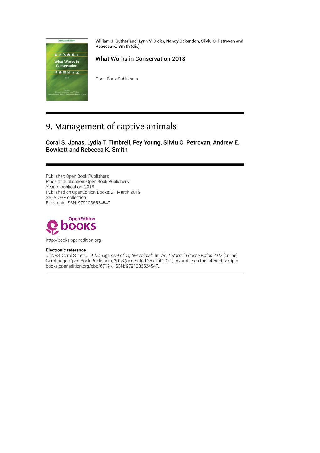 9. Management of Captive Animals