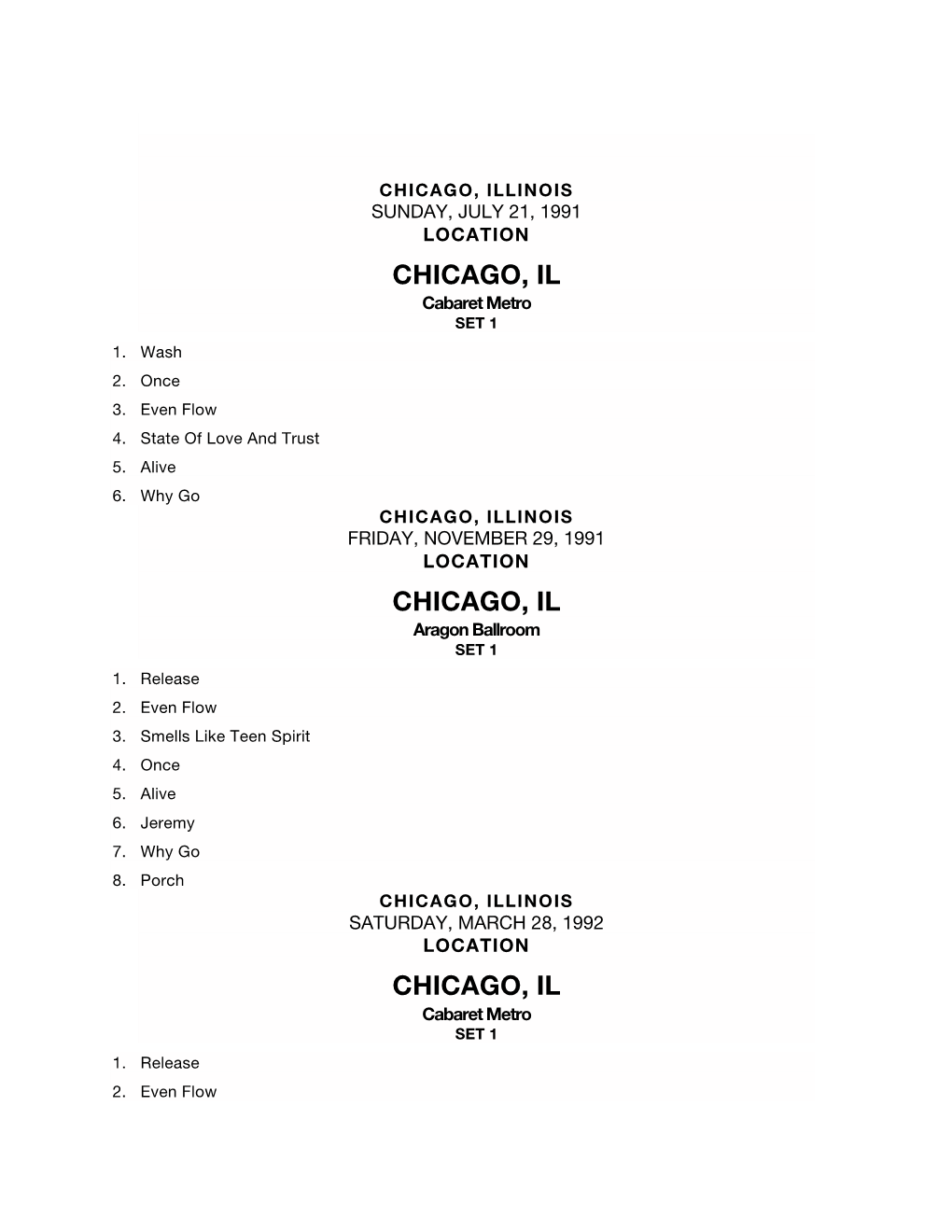 CHICAGO, ILLINOIS SUNDAY, JULY 21, 1991 LOCATION CHICAGO, IL Cabaret Metro SET 1 1