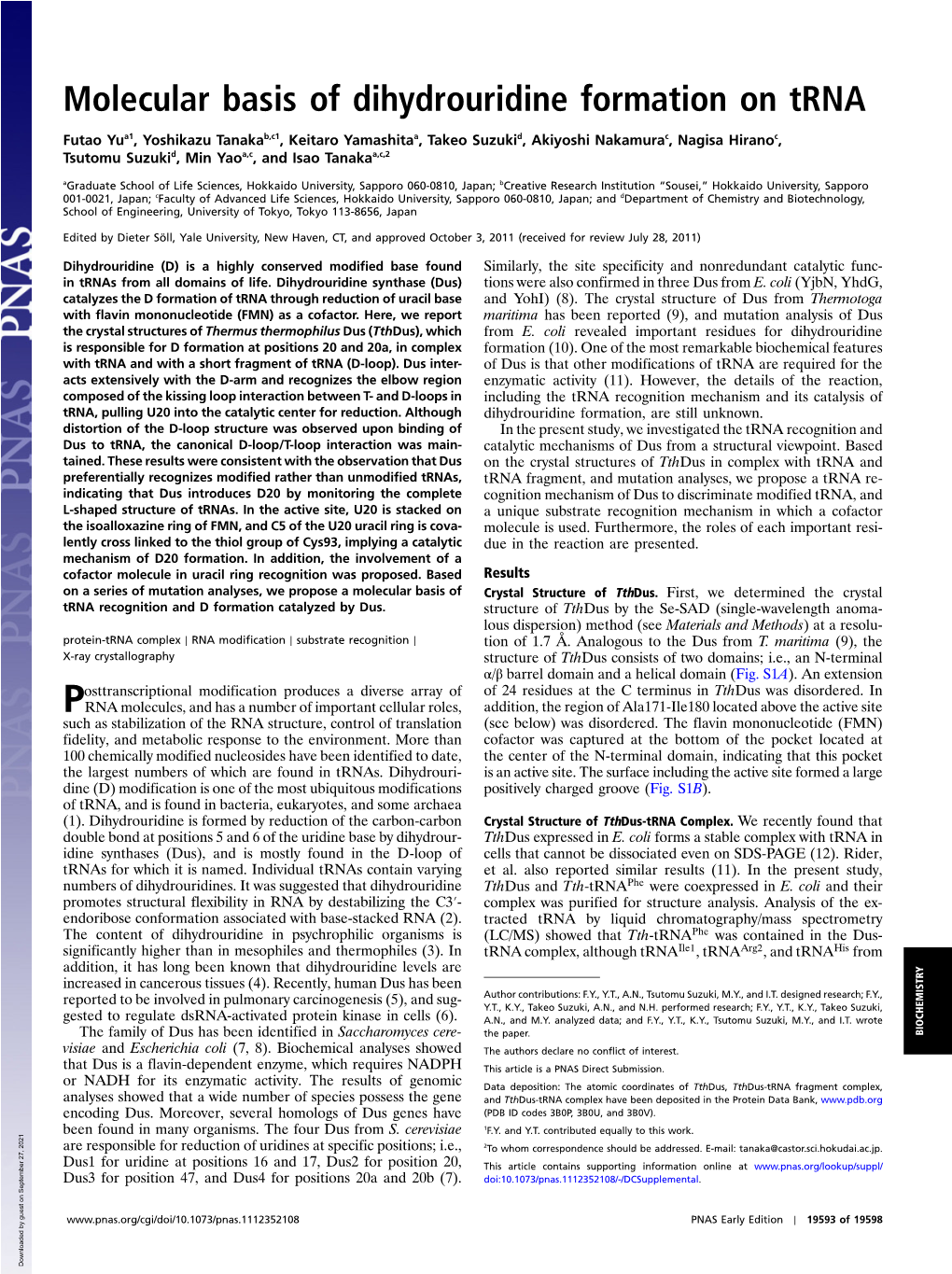 Molecular Basis of Dihydrouridine Formation on Trna