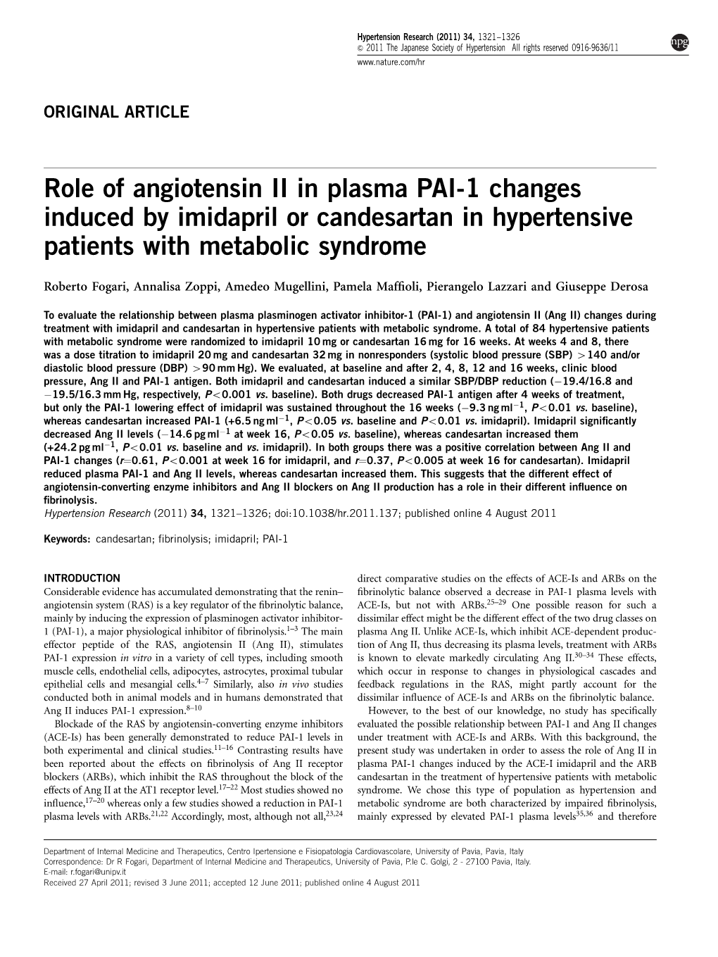 Role of Angiotensin II in Plasma PAI-1 Changes Induced by Imidapril Or Candesartan in Hypertensive Patients with Metabolic Syndrome