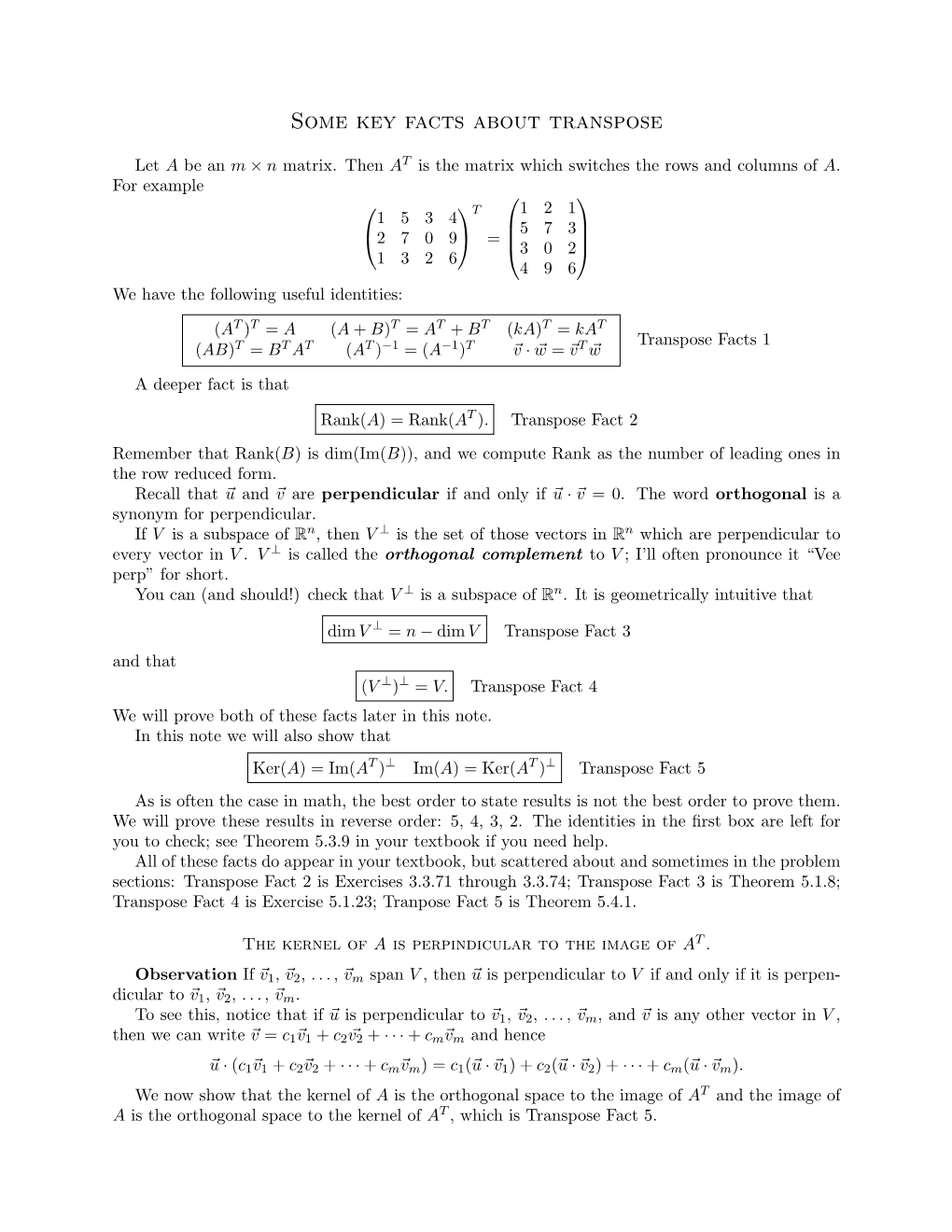 Some Key Facts About Transpose