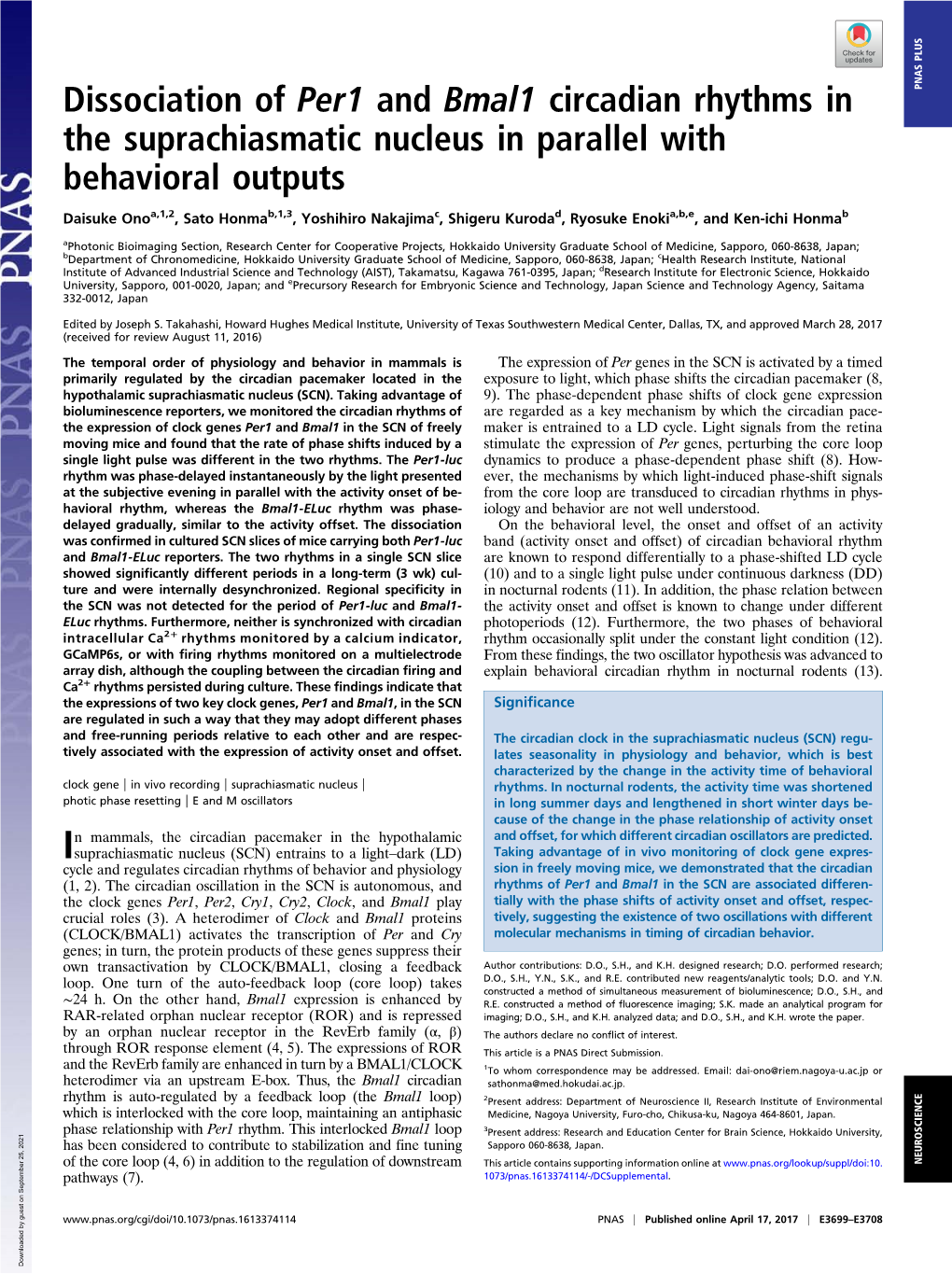 Dissociation of Per1 and Bmal1 Circadian Rhythms in The