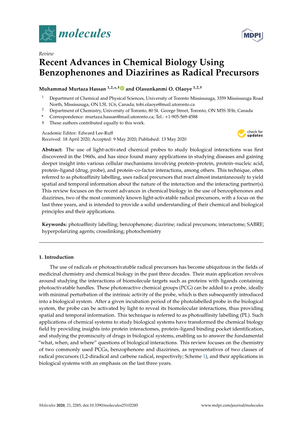 Recent Advances in Chemical Biology Using Benzophenones and Diazirines As Radical Precursors