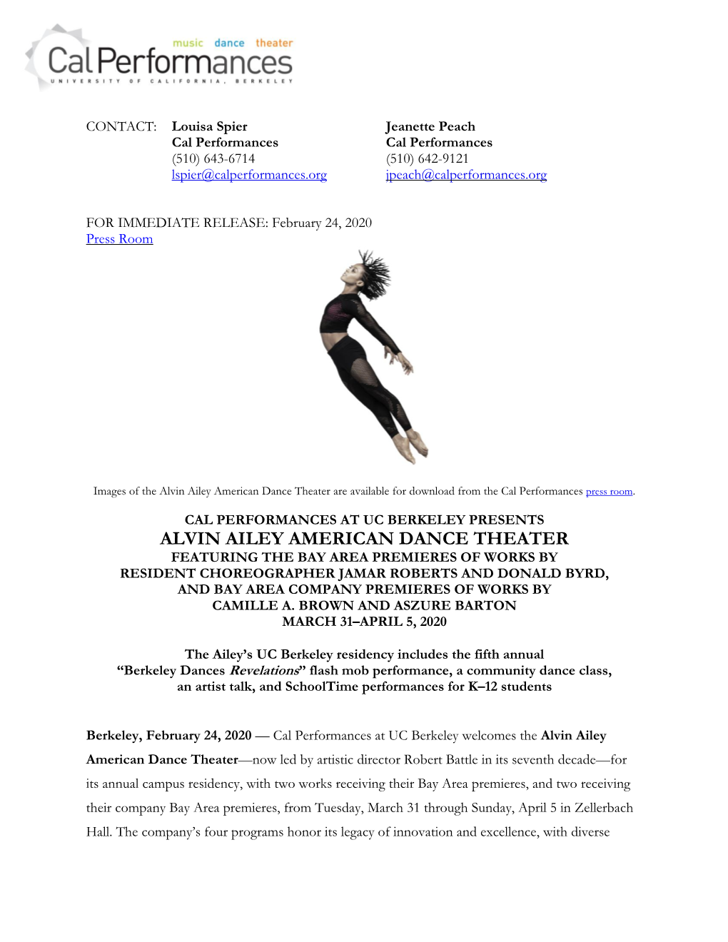 Alvin Ailey American Dance Theater Are Available for Download from the Cal Performances Press Room