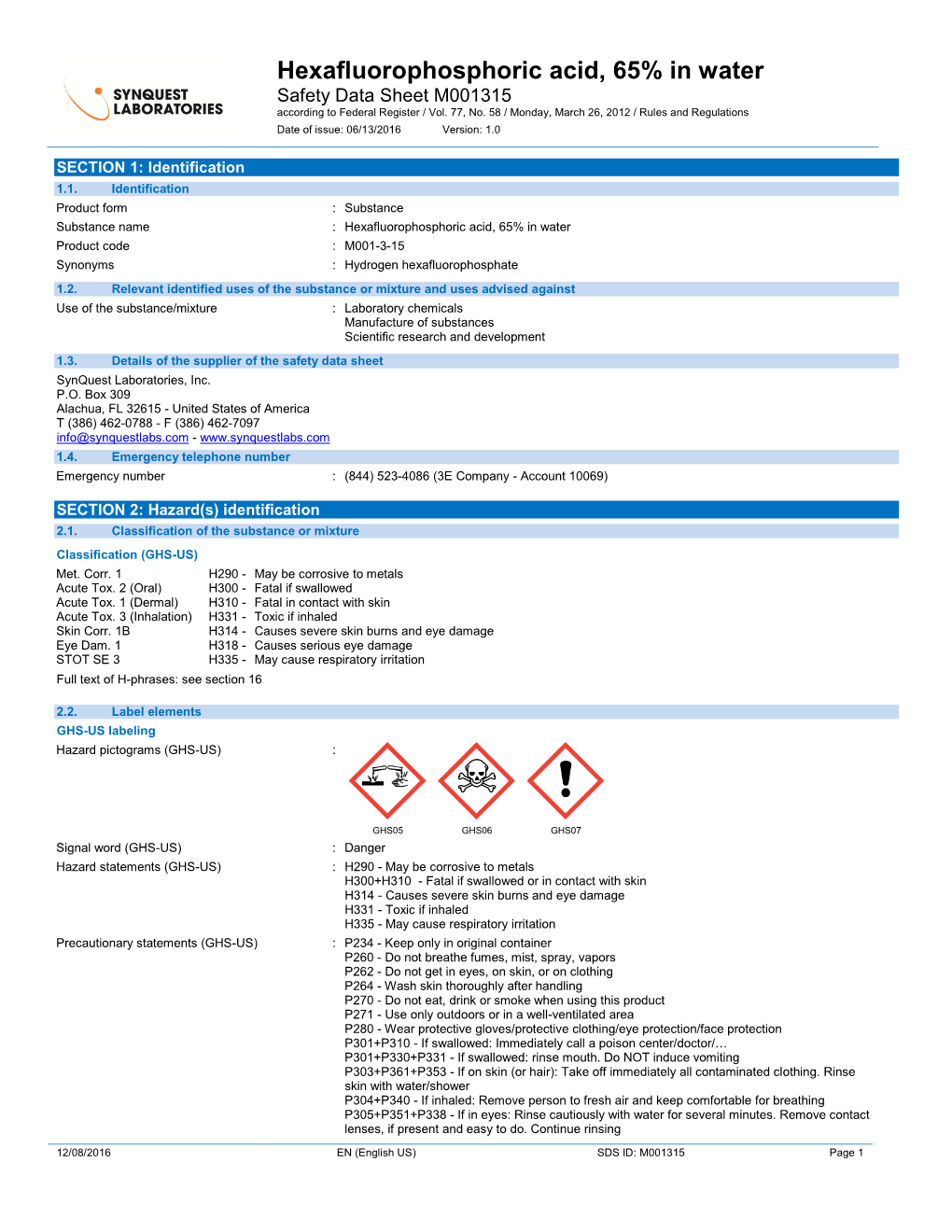 Hexafluorophosphoric Acid, 65% in Water Safety Data Sheet M001315 According to Federal Register / Vol