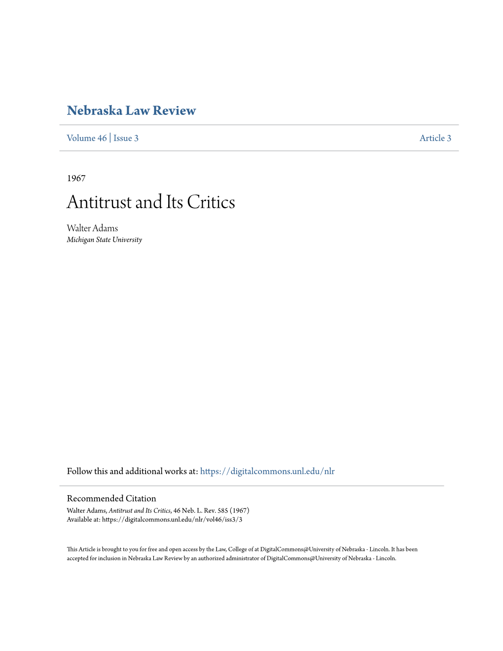 Antitrust and Its Critics Walter Adams Michigan State University