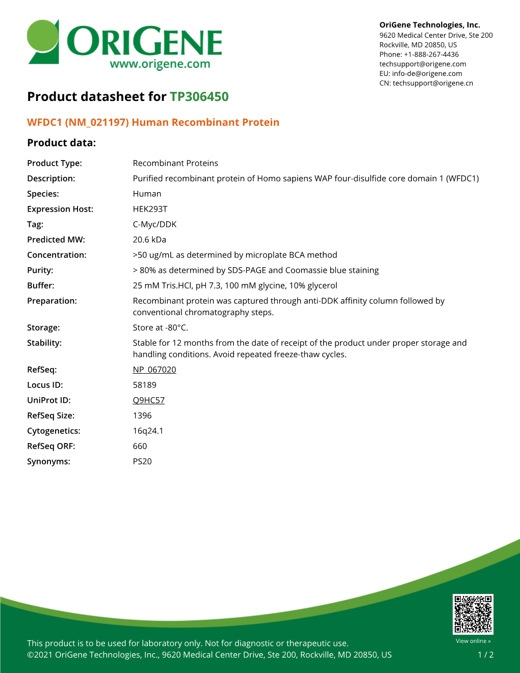 WFDC1 (NM 021197) Human Recombinant Protein Product Data