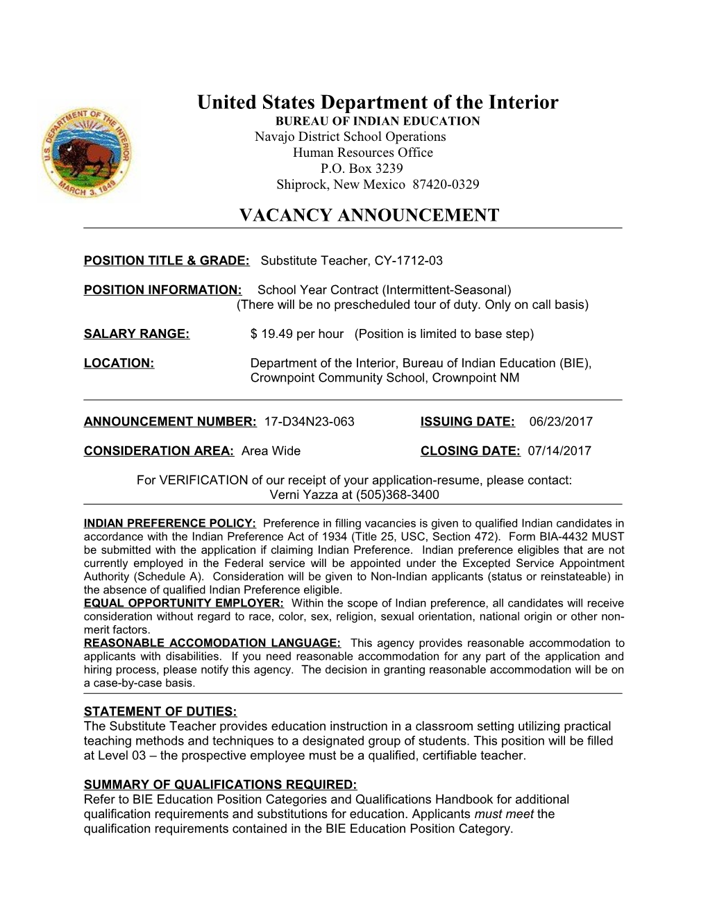 POSITION TITLE & GRADE: Substitute Teacher, CY-1712-03