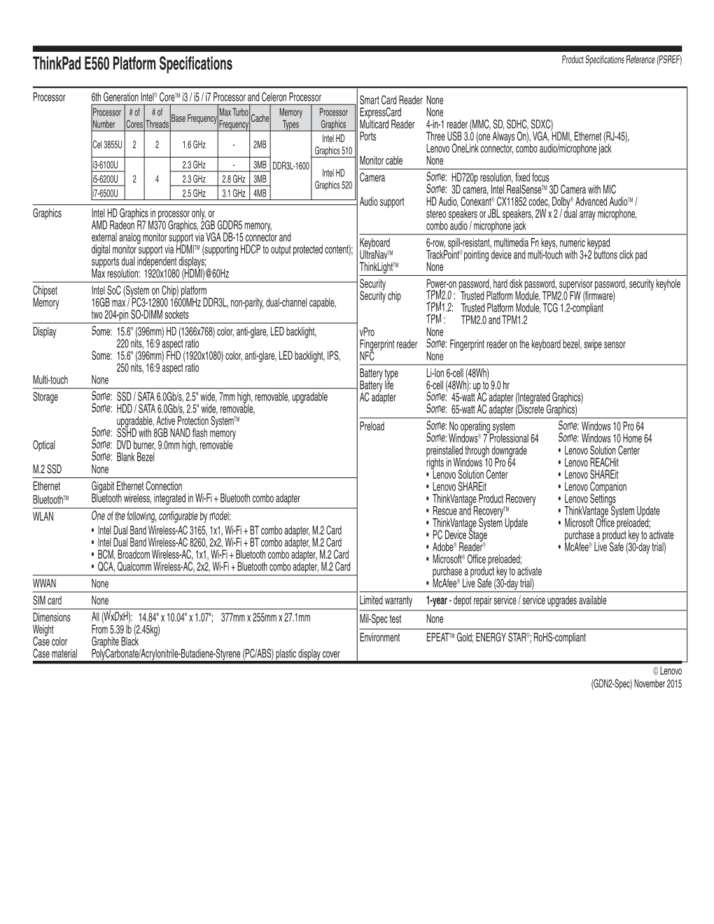 Thinkpad E560 Platform Specifications