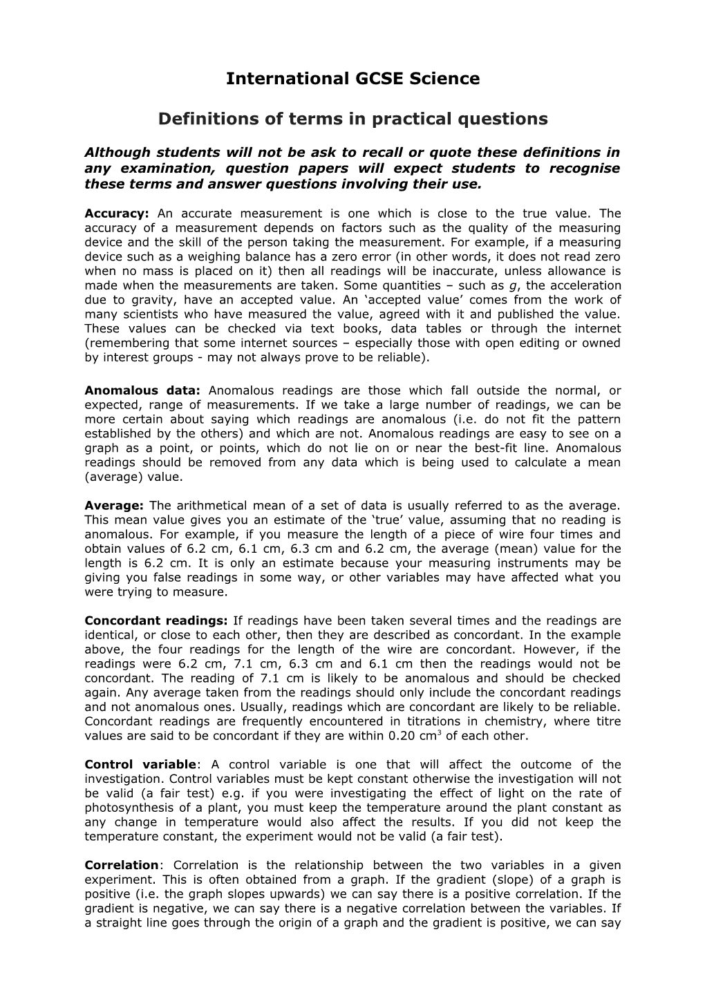 International GCSE Science - Definitions of Terms in Practical Questions