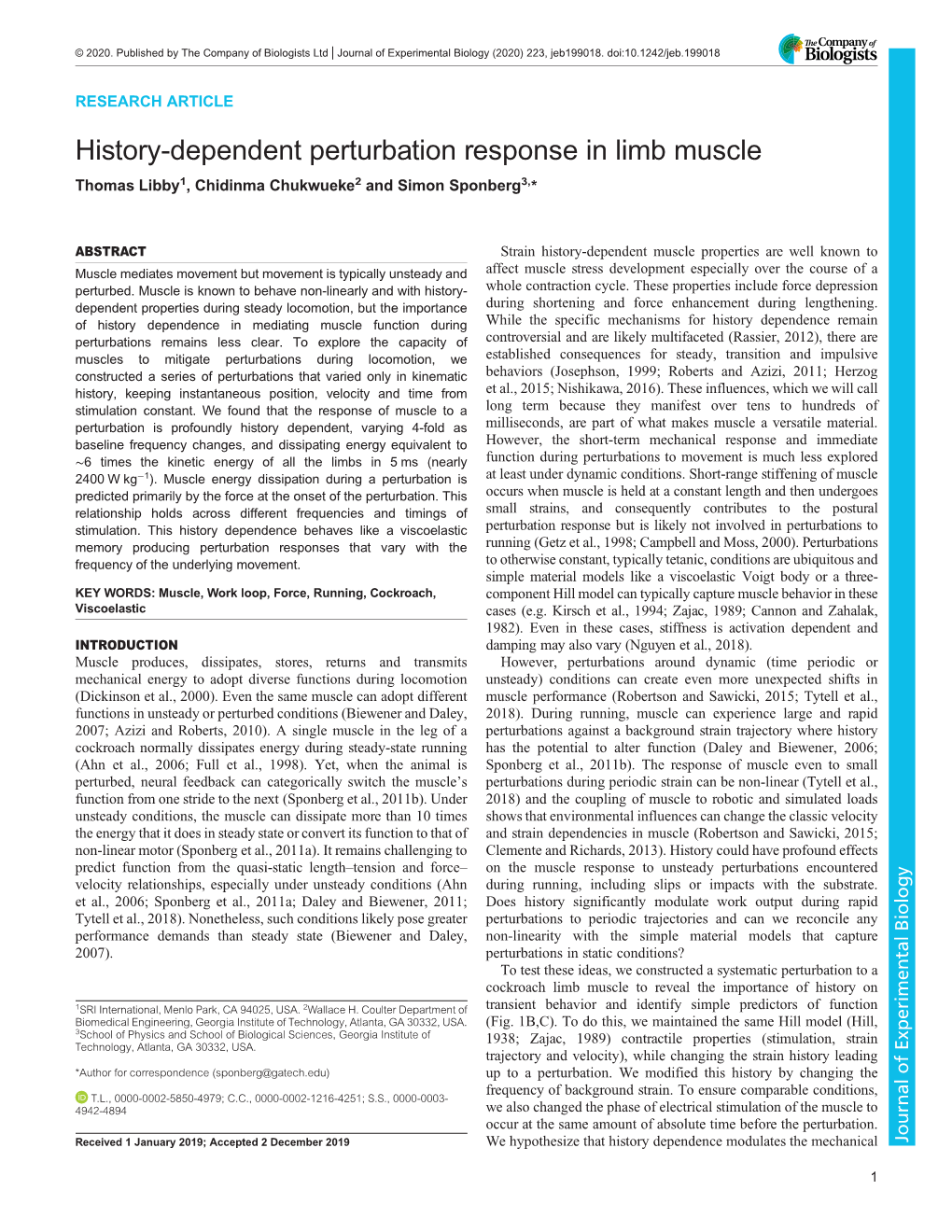 History-Dependent Perturbation Response in Limb Muscle Thomas Libby1, Chidinma Chukwueke2 and Simon Sponberg3,*