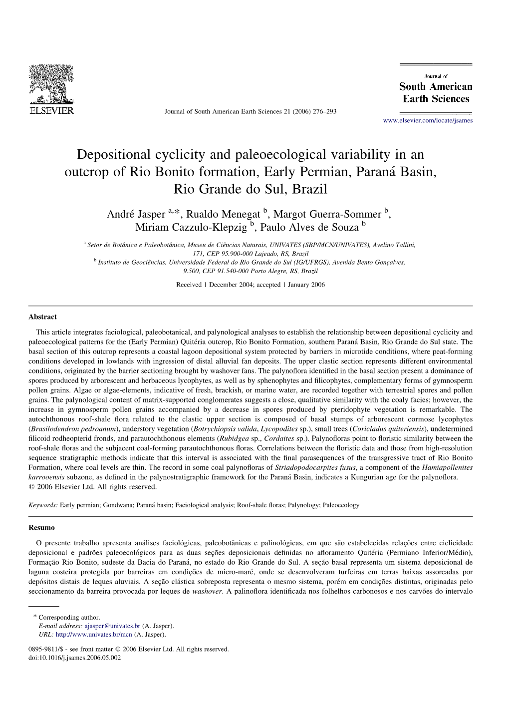 Depositional Cyclicity and Paleoecological Variability in an Outcrop of Rio Bonito Formation, Early Permian, Parana´ Basin, Rio Grande Do Sul, Brazil