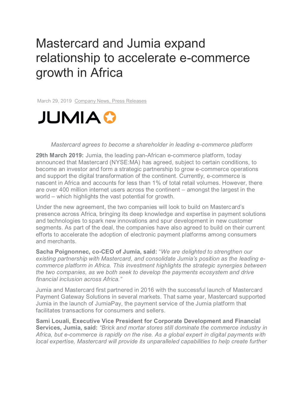 Mastercard and Jumia Expand Relationship to Accelerate E-Commerce Growth in Africa