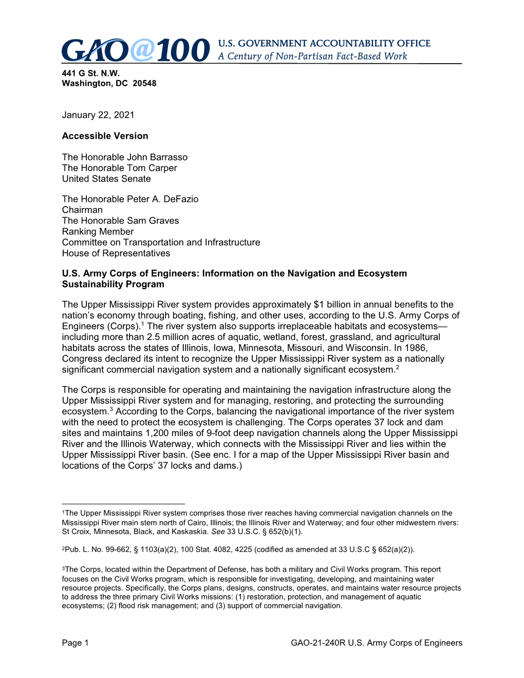 GAO-21-240R, Accessible Version, U.S. Army Corps of Engineers: Information on the Navigation and Ecosystem Sustainability Progra