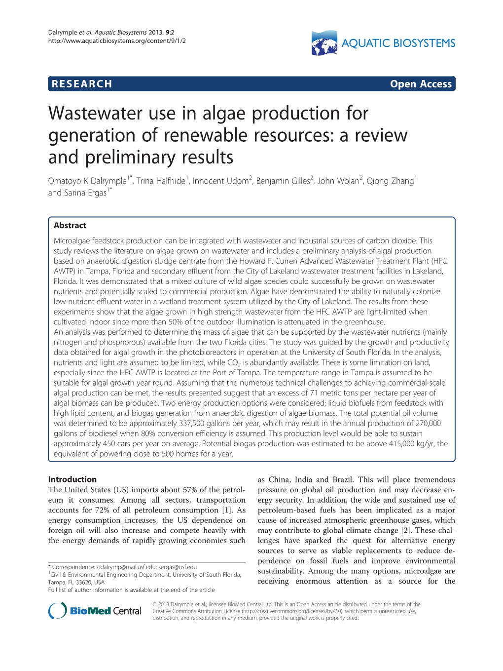 Wastewater Use in Algae Production for Generation of Renewable Resources