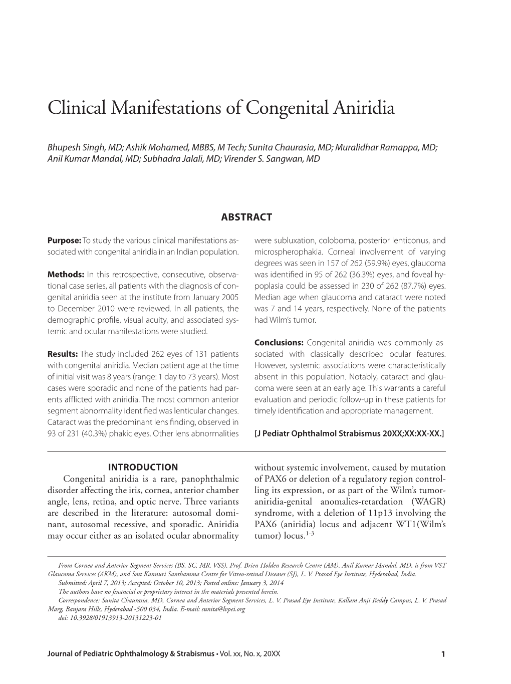 Clinical Manifestations of Congenital Aniridia