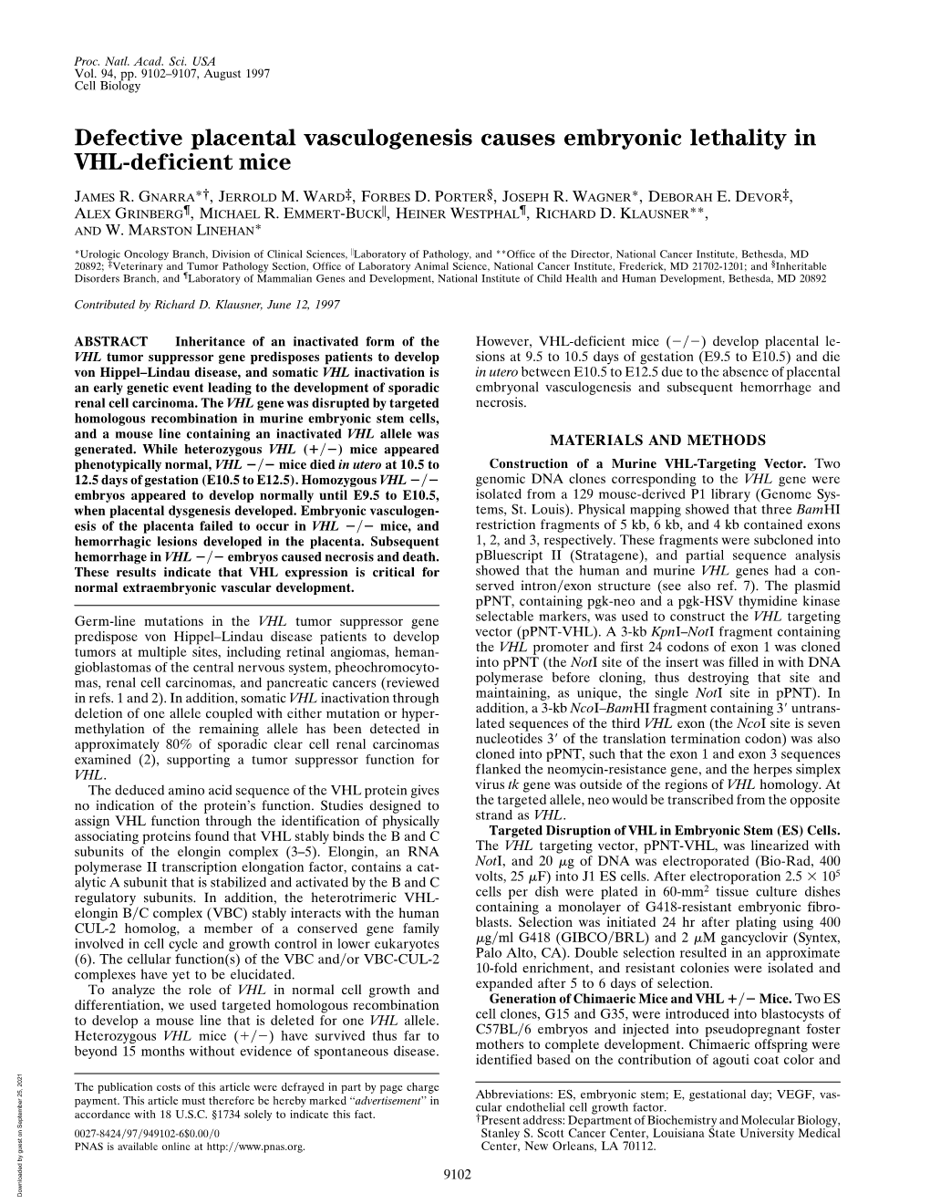 Defective Placental Vasculogenesis Causes Embryonic Lethality in VHL-Deficient Mice