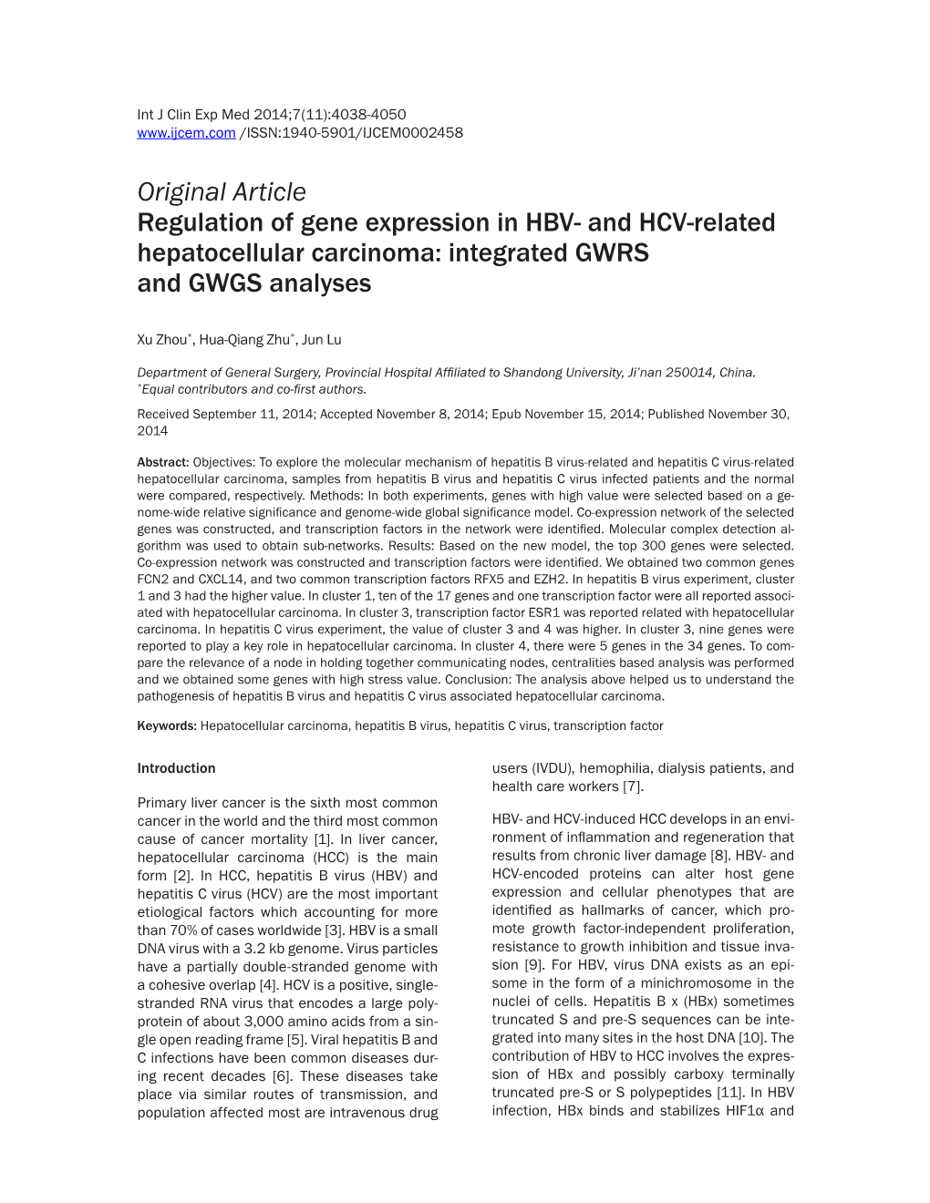 Original Article Regulation of Gene Expression in HBV- and HCV-Related Hepatocellular Carcinoma: Integrated GWRS and GWGS Analyses