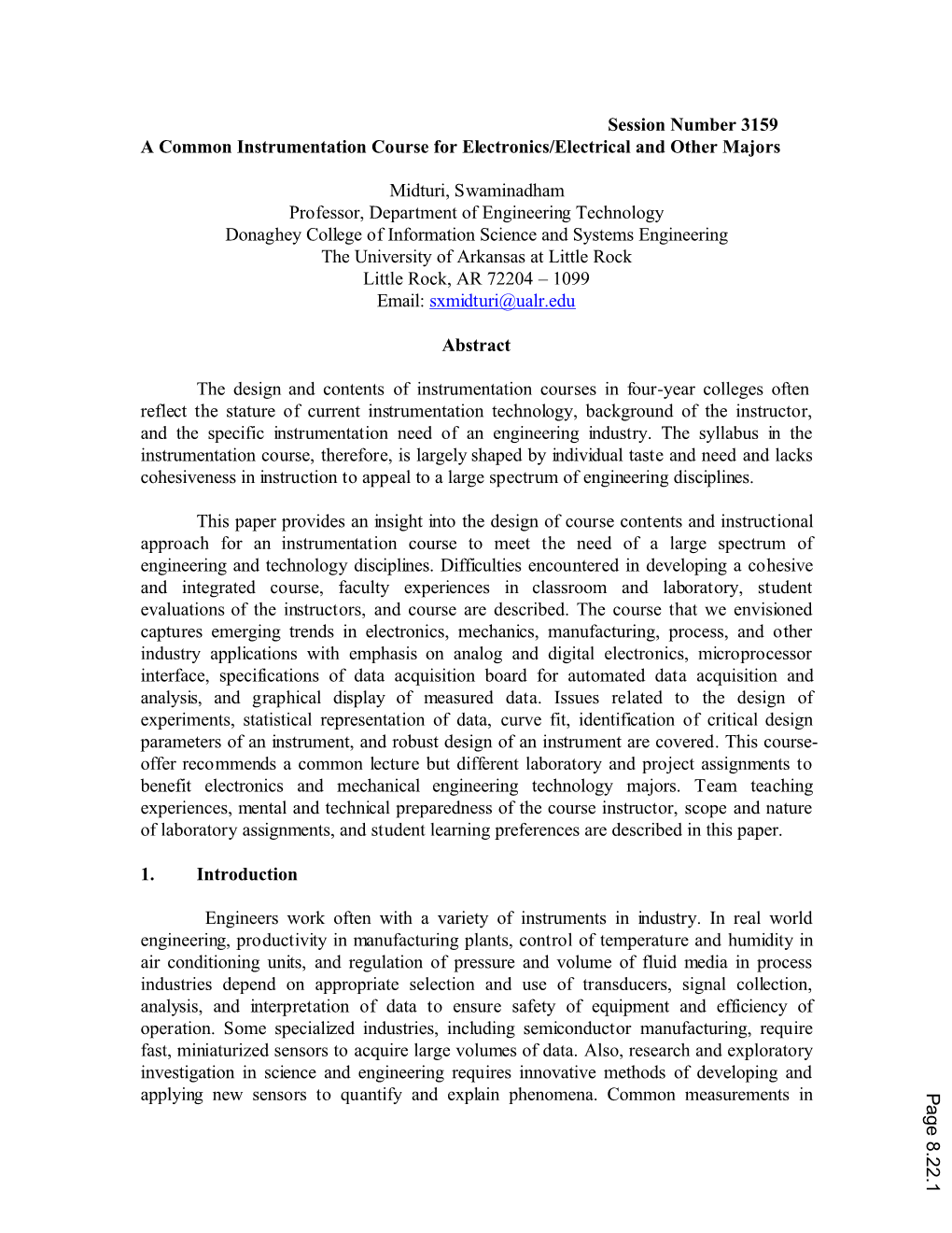 A Common Instrumentation Course for Electronics/Electrical and Other Majors