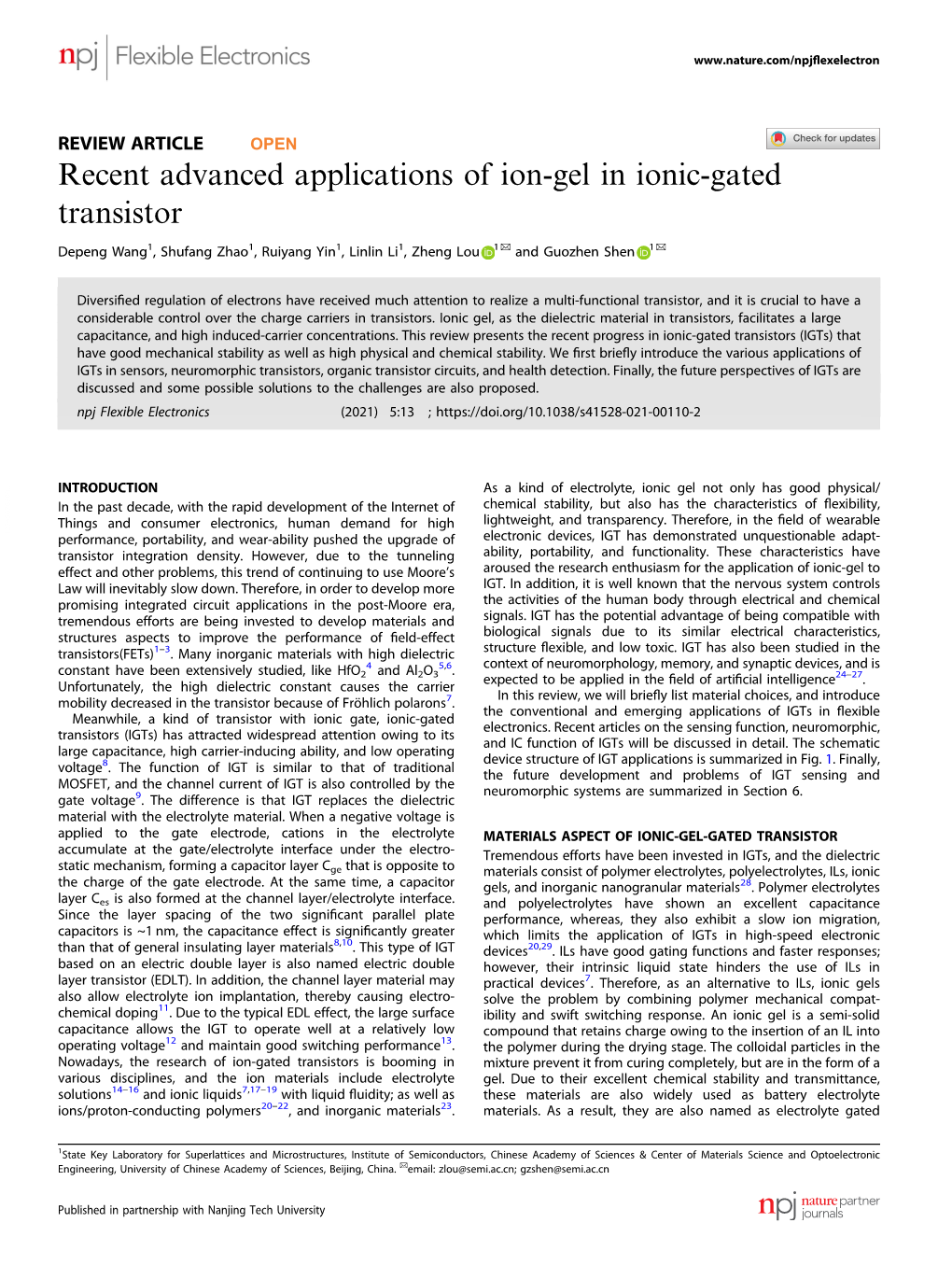 Recent Advanced Applications of Ion-Gel in Ionic-Gated Transistor ✉ ✉ Depeng Wang1, Shufang Zhao1, Ruiyang Yin1, Linlin Li1, Zheng Lou 1 and Guozhen Shen 1