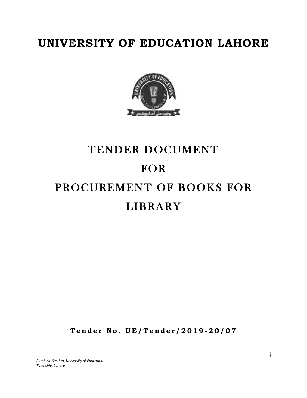 University of Education Lahore Tender Document for Procurement of Books