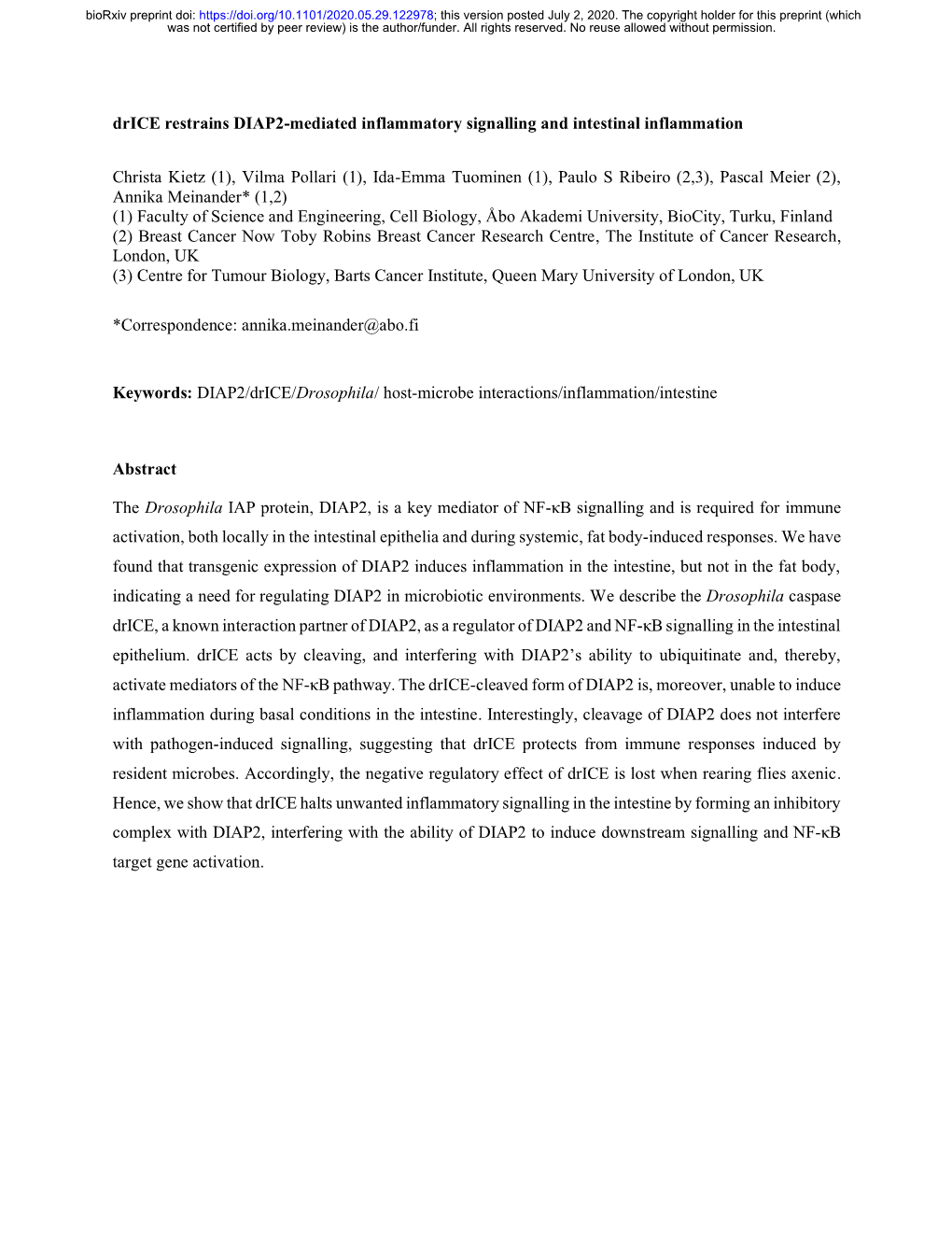 Drice Restrains DIAP2-Mediated Inflammatory Signalling and Intestinal Inflammation