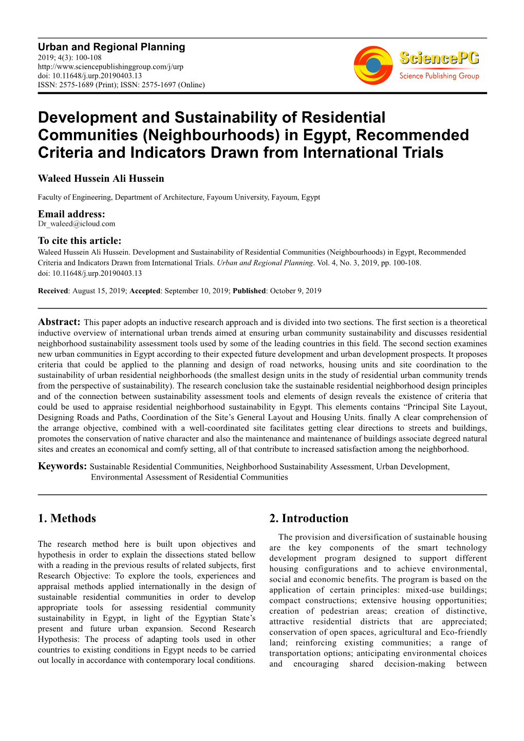 Development and Sustainability of Residential Communities (Neighbourhoods) in Egypt, Recommended Criteria and Indicators Drawn from International Trials