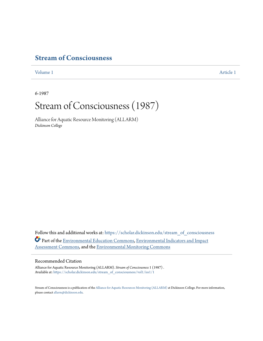 Stream of Consciousness (1987) Alliance for Aquatic Resource Monitoring (ALLARM) Dickinson College