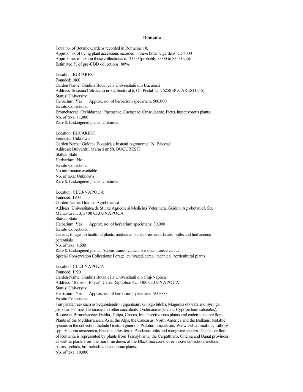 Romania Total No. of Botanic Gardens Recorded in Romania: 10. Approx