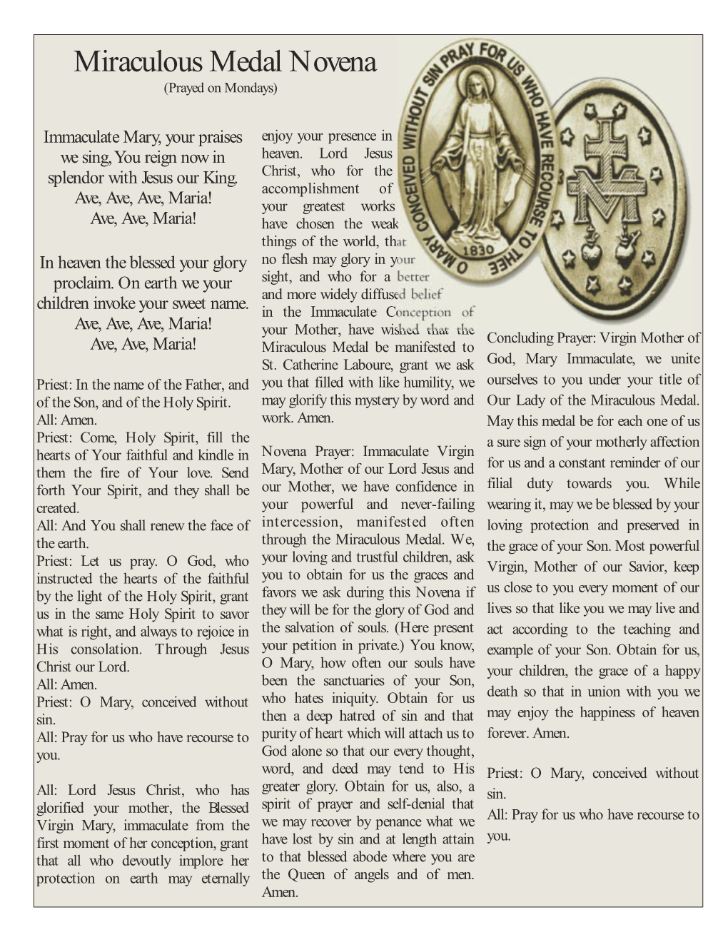 Miraculous Medal Novena  (Prayed on Mondays)