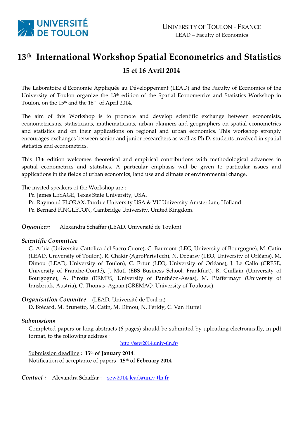 13Th International Workshop Spatial Econometrics and Statistics 15 Et 16 Avril 2014