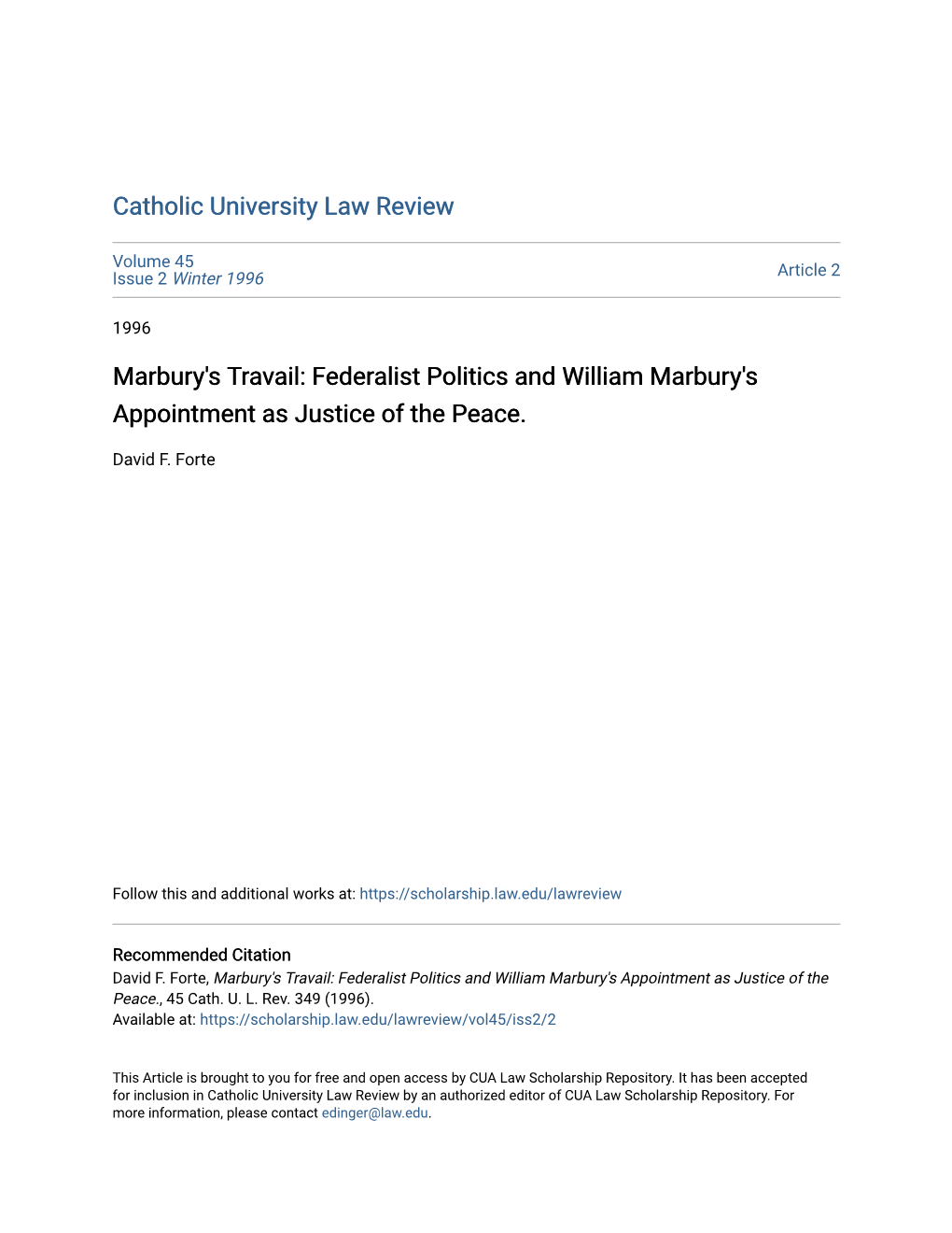 Federalist Politics and William Marbury's Appointment As Justice of the Peace