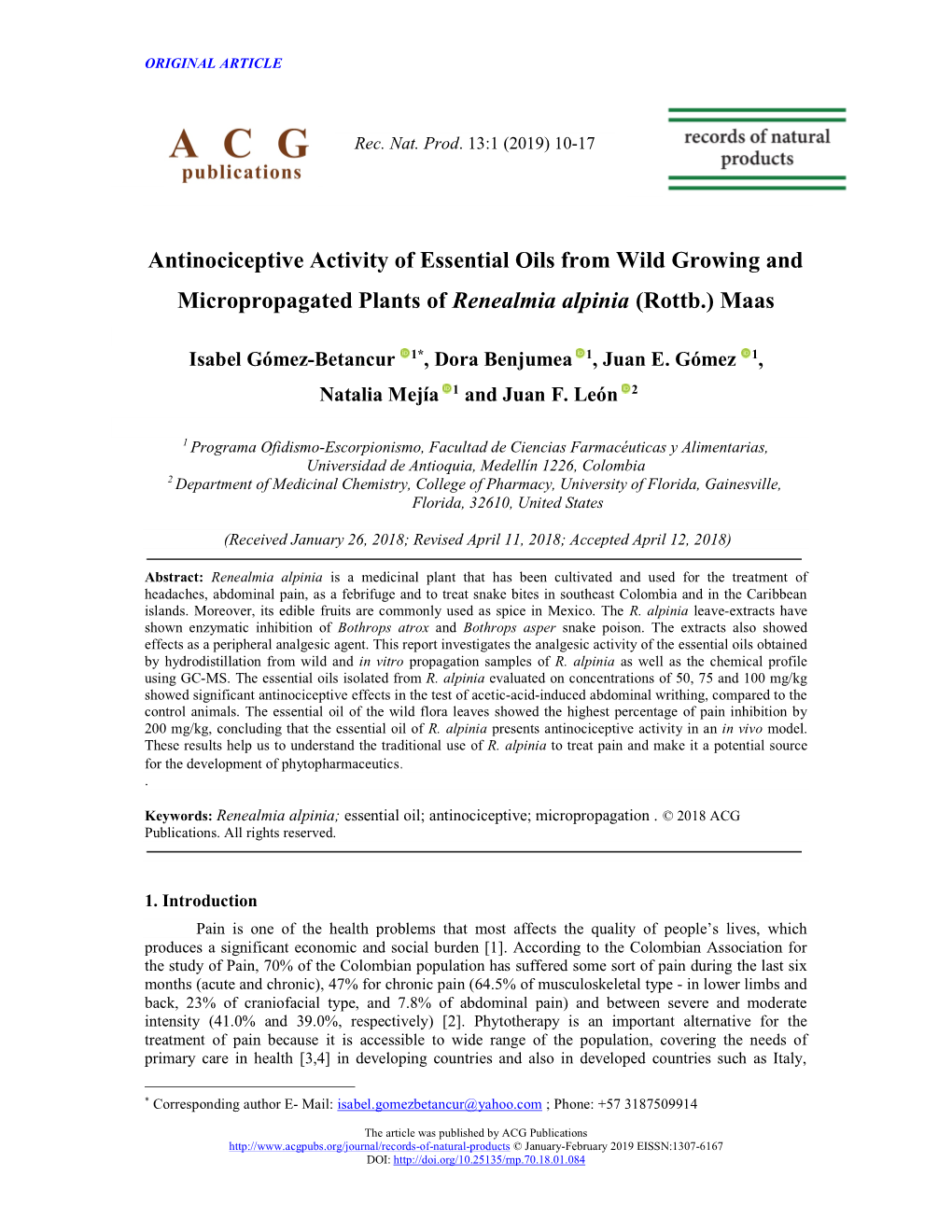 Antinociceptive Activity of Essential Oils from Wild Growing and Micropropagated Plants of Renealmia Alpinia (Rottb.) Maas