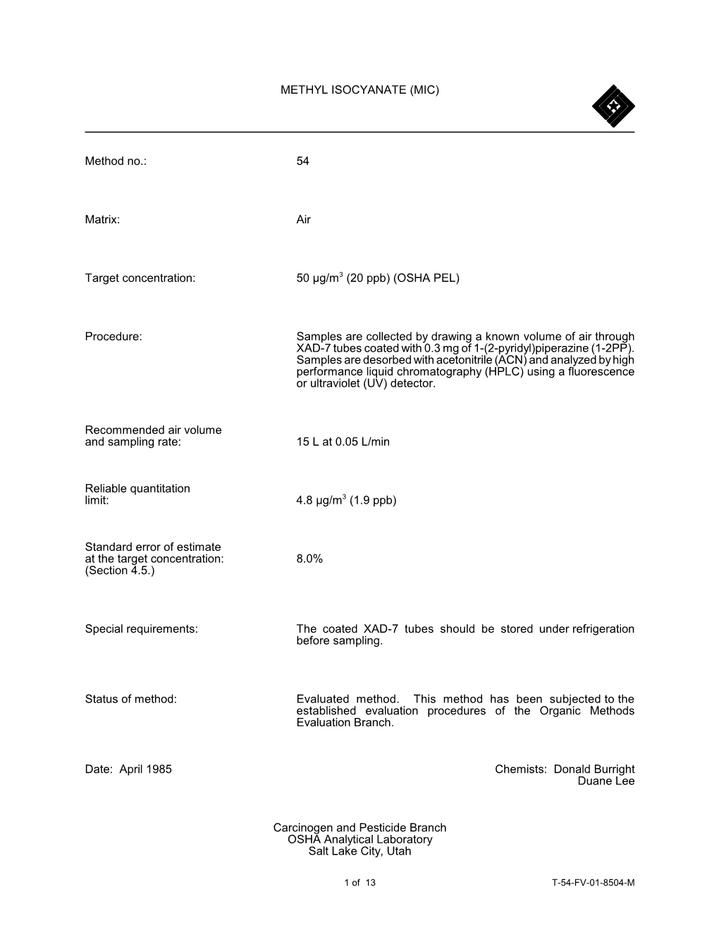 Air Target Concentration: 50 Μg/M3 (20 Ppb) (OSHA PEL) Procedure