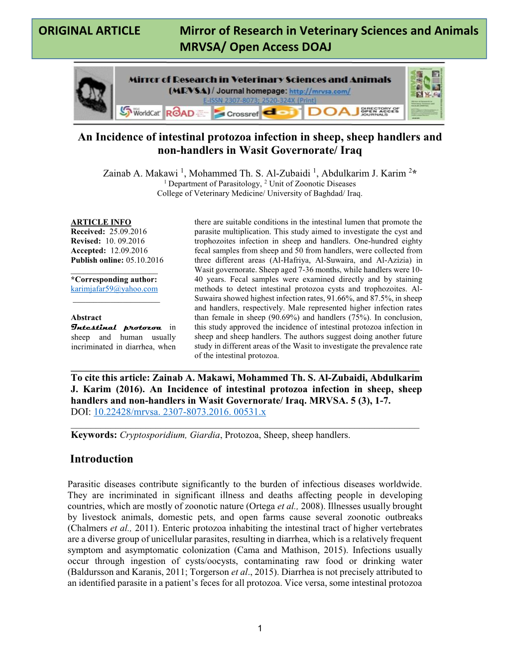 ORIGINAL ARTICLE Mirror of Research in Veterinary Sciences