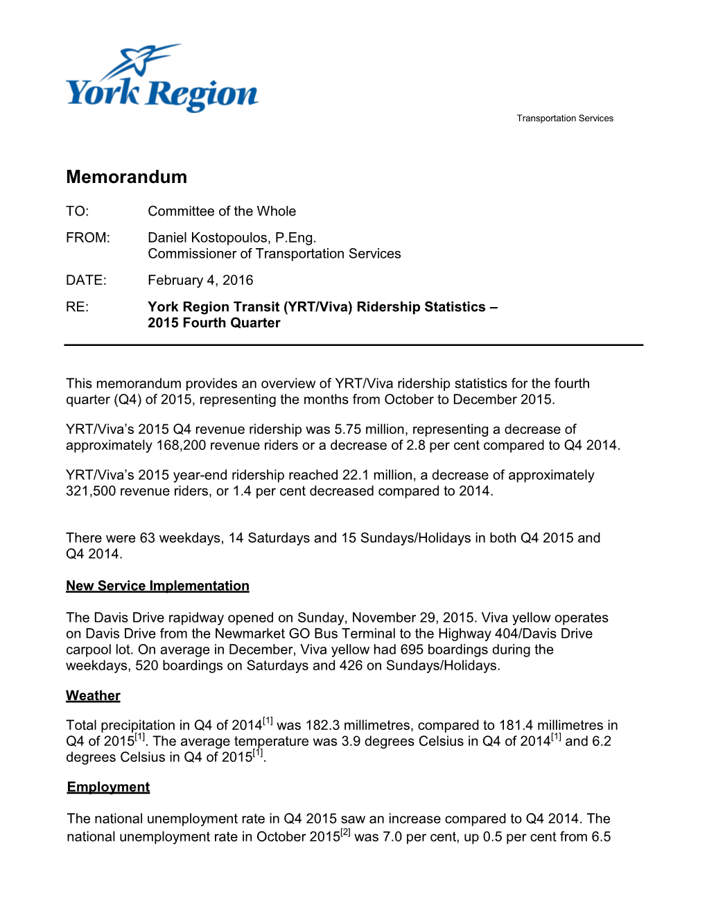 (YRT/Viva) Ridership Statistics – 2015 Fourth Quarter