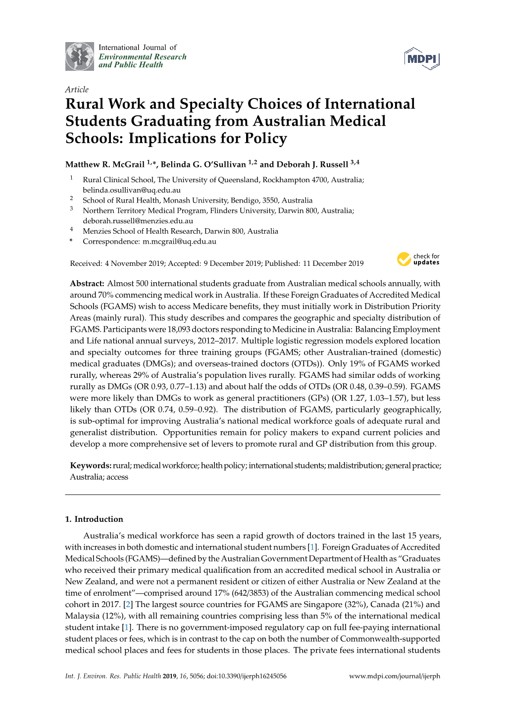 Rural Work and Specialty Choices of International Students Graduating from Australian Medical Schools: Implications for Policy