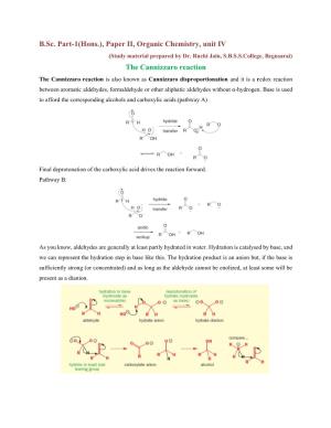 Paper II, Organic Chemistry, Unit IV the Cannizzaro Reaction
