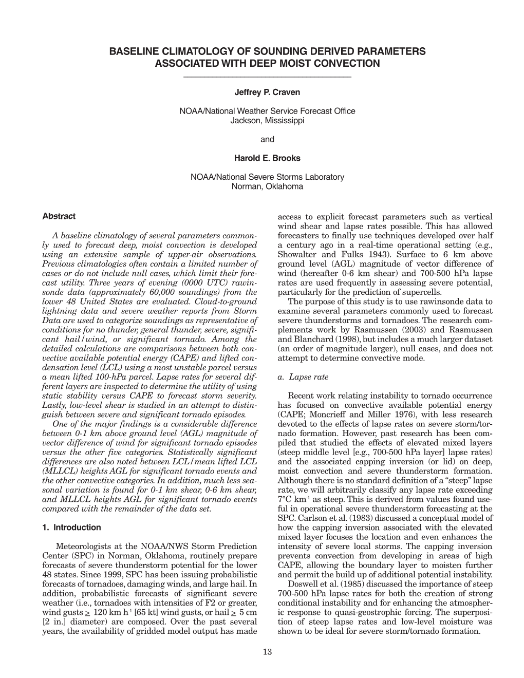 Baseline Climatology of Sounding Derived Parameters Associated with Deep Moist Convection ______