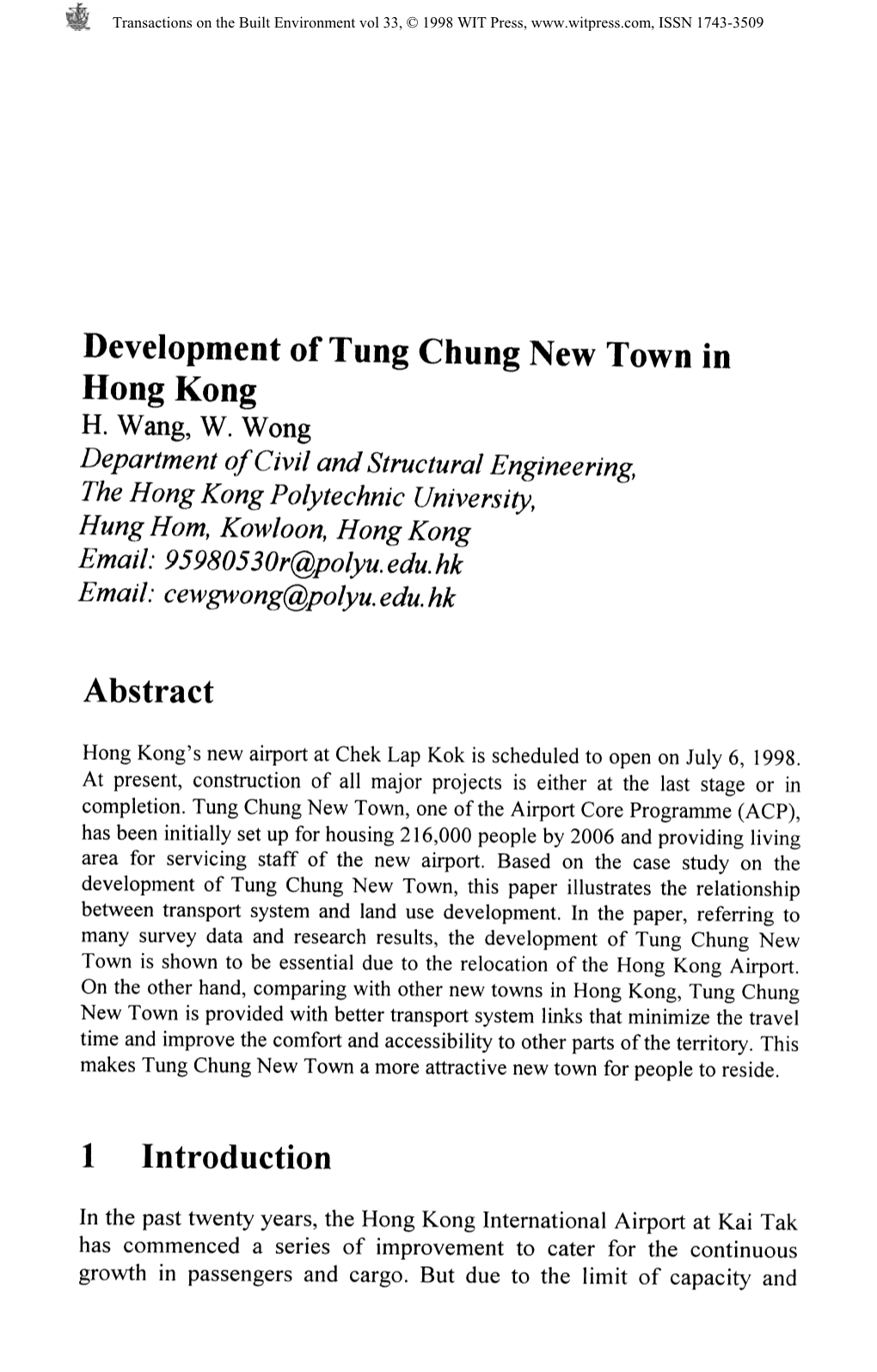 Development of Tung Chung New Town in Hong Kong H. Wang, W