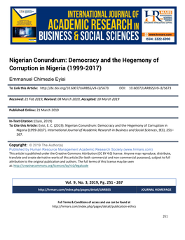Democracy and the Hegemony of Corruption in Nigeria (1999-2017)