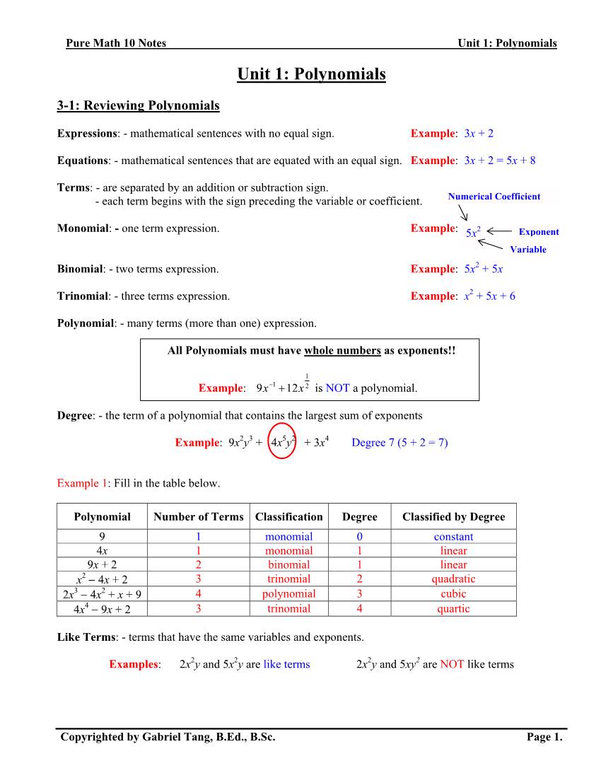 Polynomials Notes (Answers)