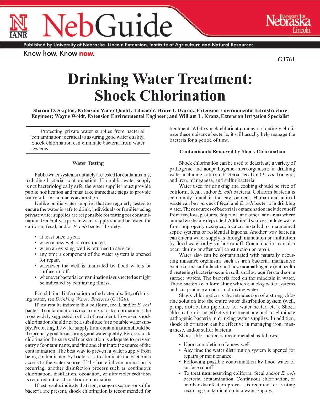 Drinking Water Treatment: Shock Chlorination Sharon O