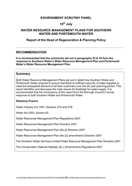 ENVIRONMENT SCRUTINY PANEL 10 July WATER RESOURCE