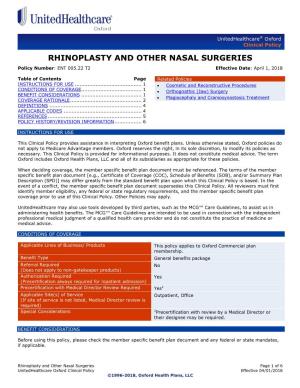 RHINOPLASTY and OTHER NASAL SURGERIES Policy Number: ENT 005.22 T2 Effective Date: April 1, 2018