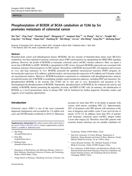 Phosphorylation of BCKDK of BCAA Catabolism at Y246 by Src Promotes Metastasis of Colorectal Cancer